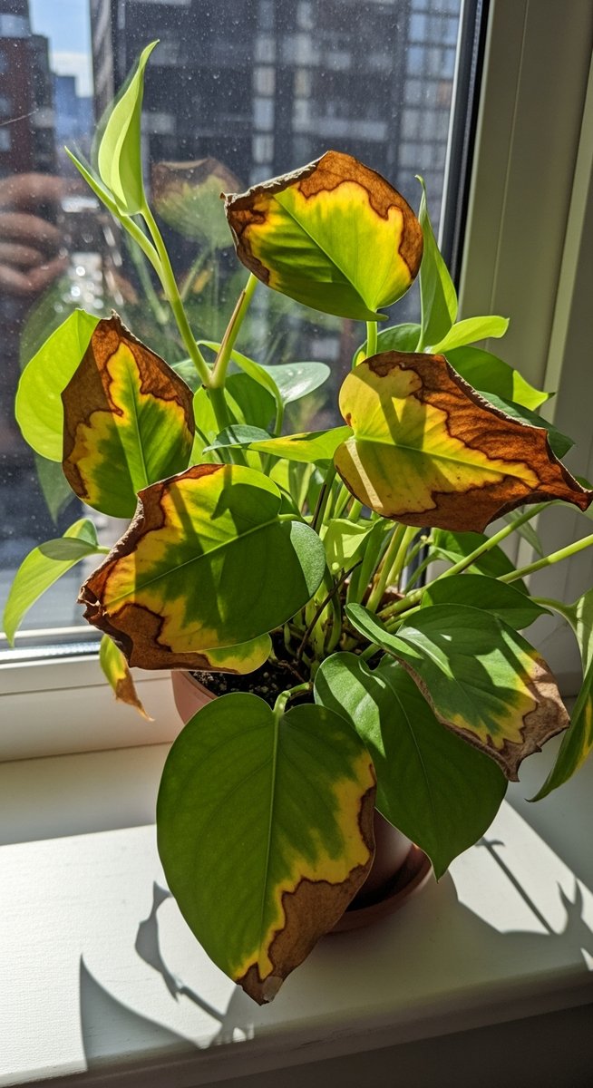 a pothos plant near a harsh sunny window showing sunburned leaves