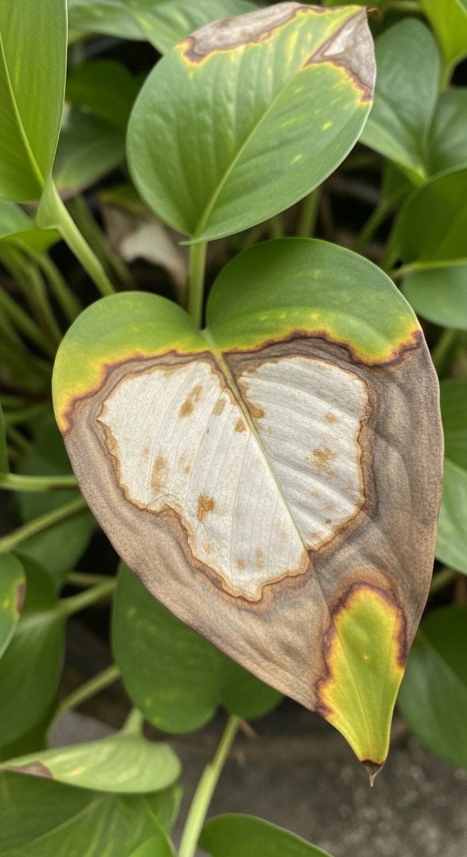 close-up of sunburned pothos leaves with brown scorched patches, for pothos sunburn