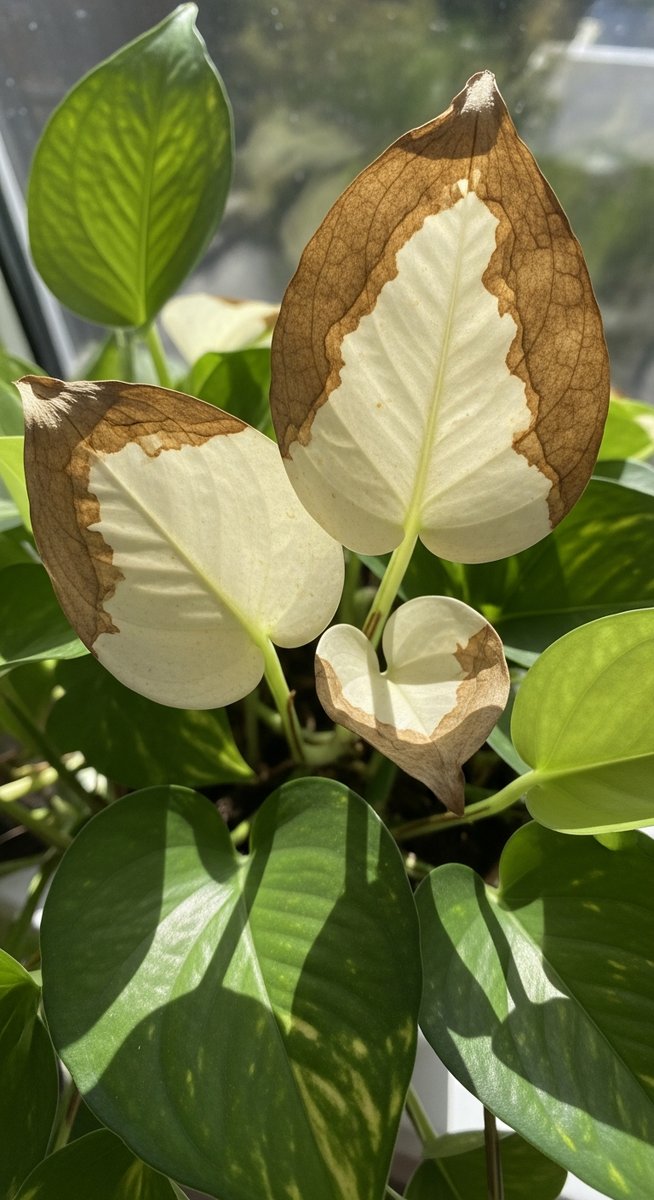 a pothos plant with sun-scorched bleached leaves