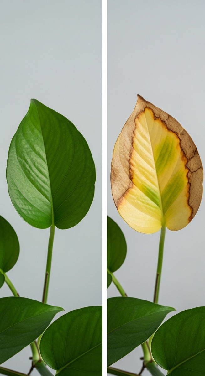 a healthy pothos leaf next to a sunburned one for comparison, for pothos sunburn