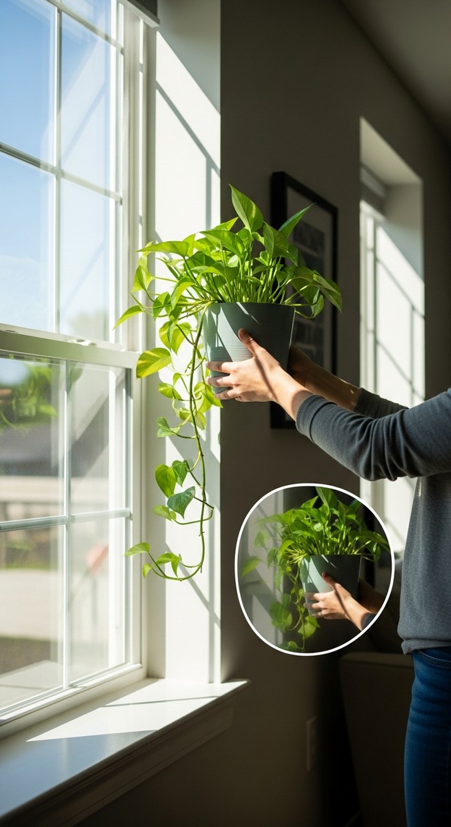 a person moving a pothos plant away from a harsh sunny window