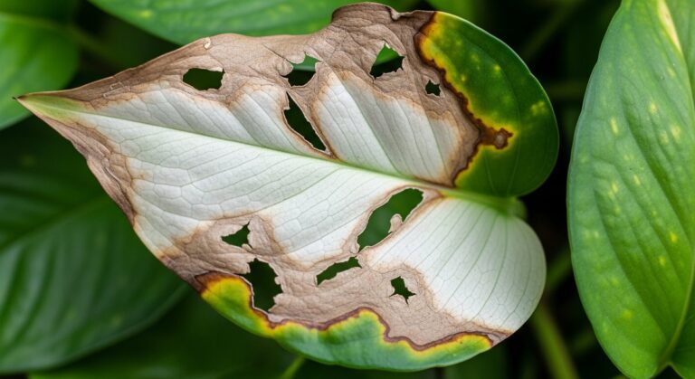 close-up of pothos leaves showing pale bleached sunburn damage, for pothos sunburn