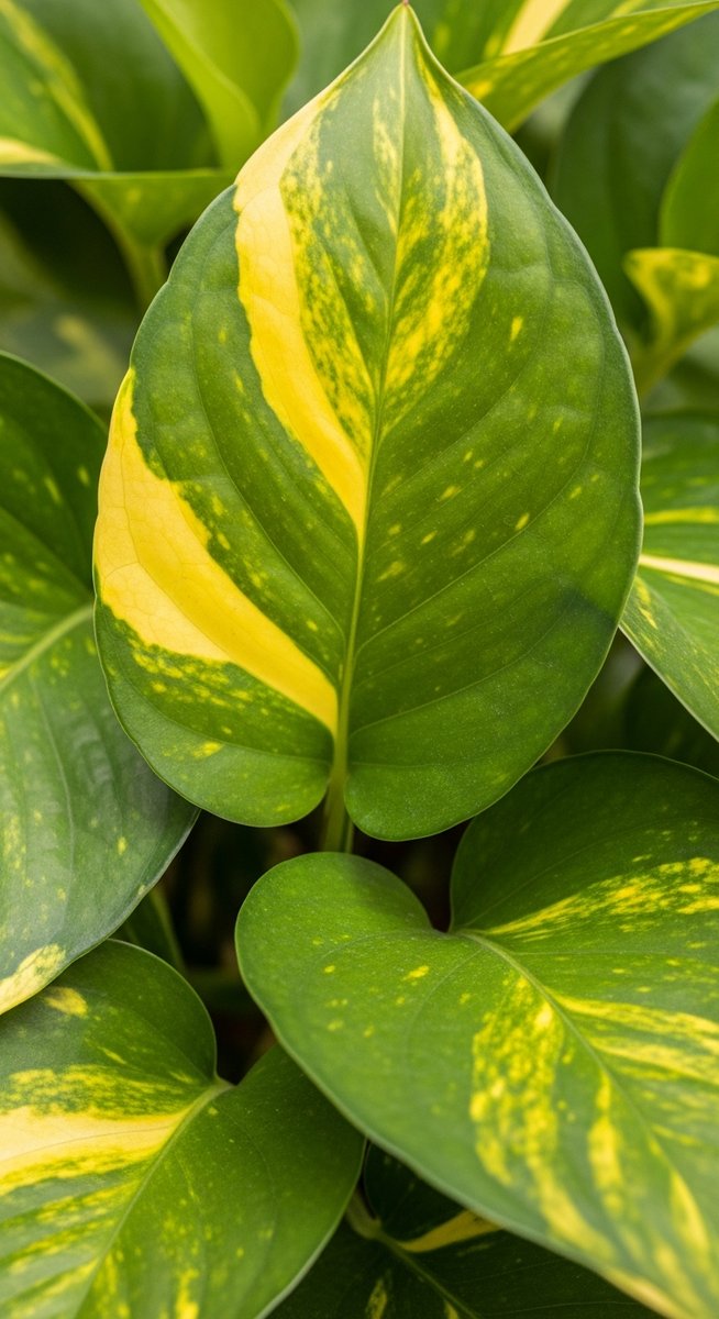 close-up of pothos leaves showing the characteristic colour and pattern