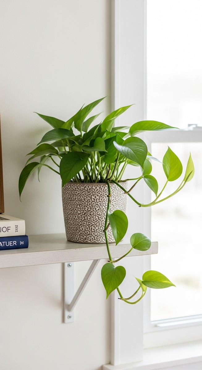 a pothos plant in a decorative pot on a shelf, for pothos types