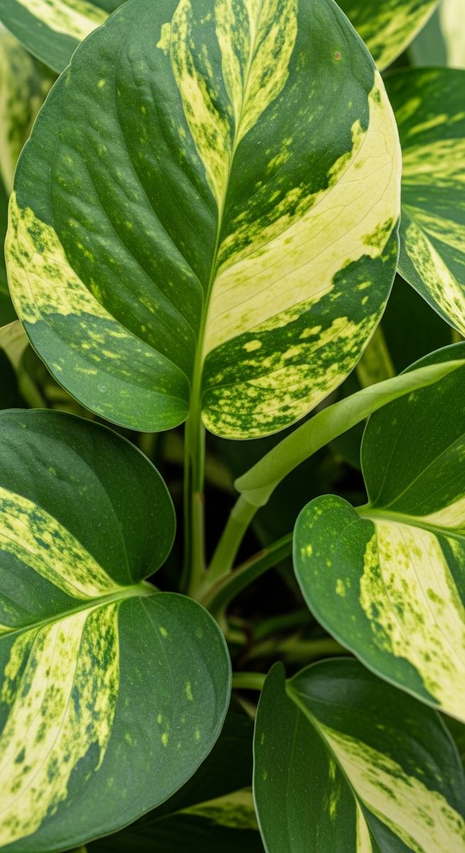 close-up detail of pothos leaf texture colour and markings