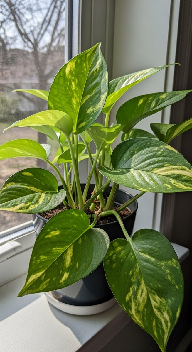 a pothos plant in natural light showing its variety-specific markings