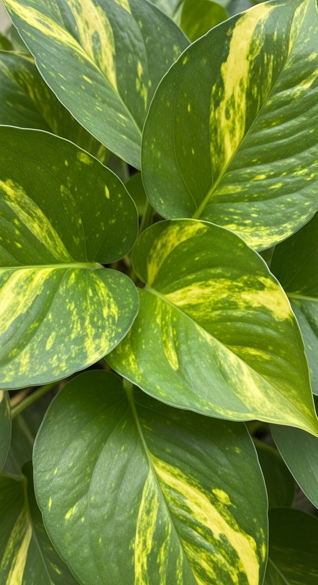 close-up of pothos leaves showing the characteristic colour and pattern