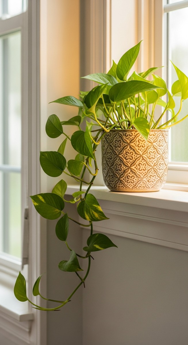 a pothos plant in a decorative pot on a shelf, for pothos varieties