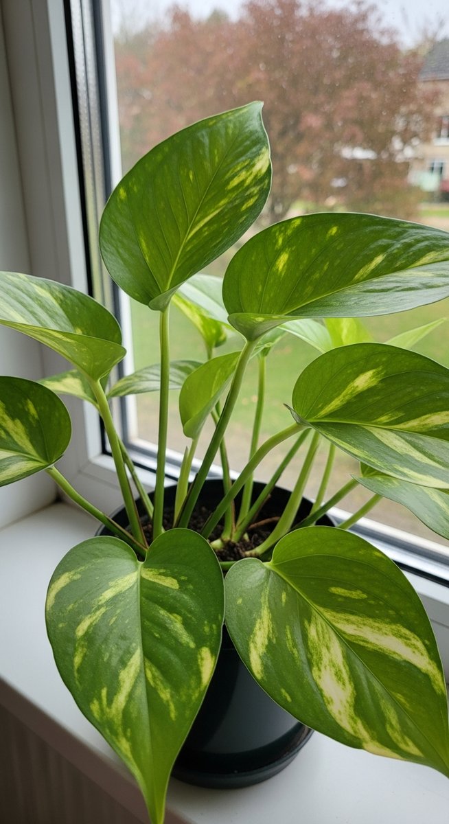 a pothos plant in natural light showing its variety-specific markings