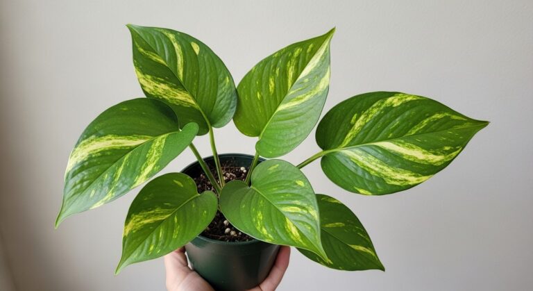 a pothos plant specimen showing its distinctive leaf shape and markings, for pothos varieties