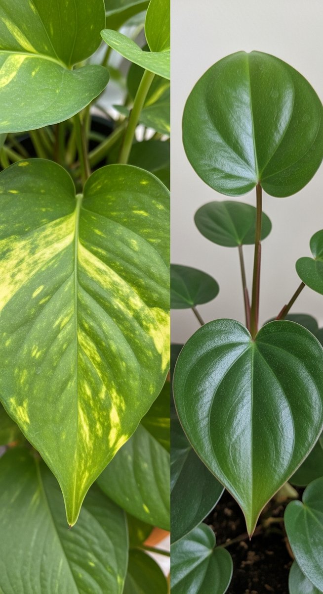 close-up comparison of golden pothos leaves next to heartleaf philodendron leaves