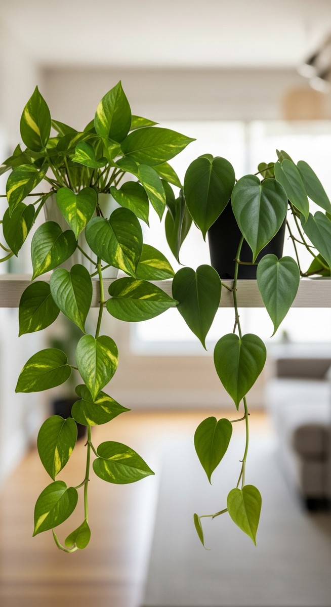 a golden pothos plant and a heartleaf philodendron plant displayed together on a shelf, for pothos vs philodendron
