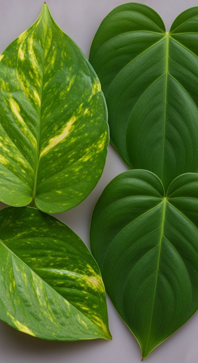 close-up of golden pothos and heartleaf philodendron leaves side by side for comparison