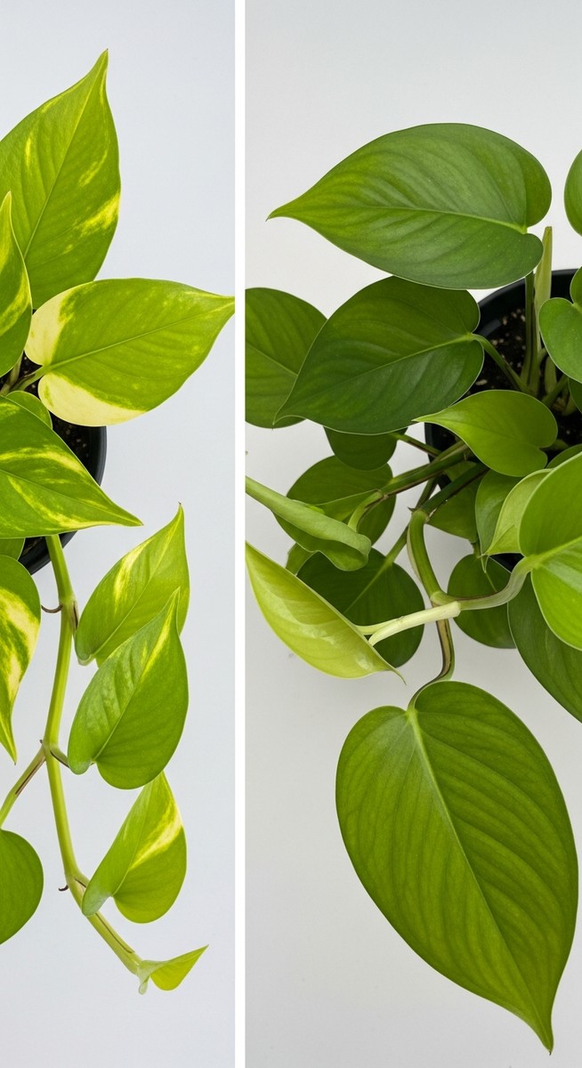 a golden pothos plant and a heartleaf philodendron plant in the same frame for comparison, for pothos vs philodendron