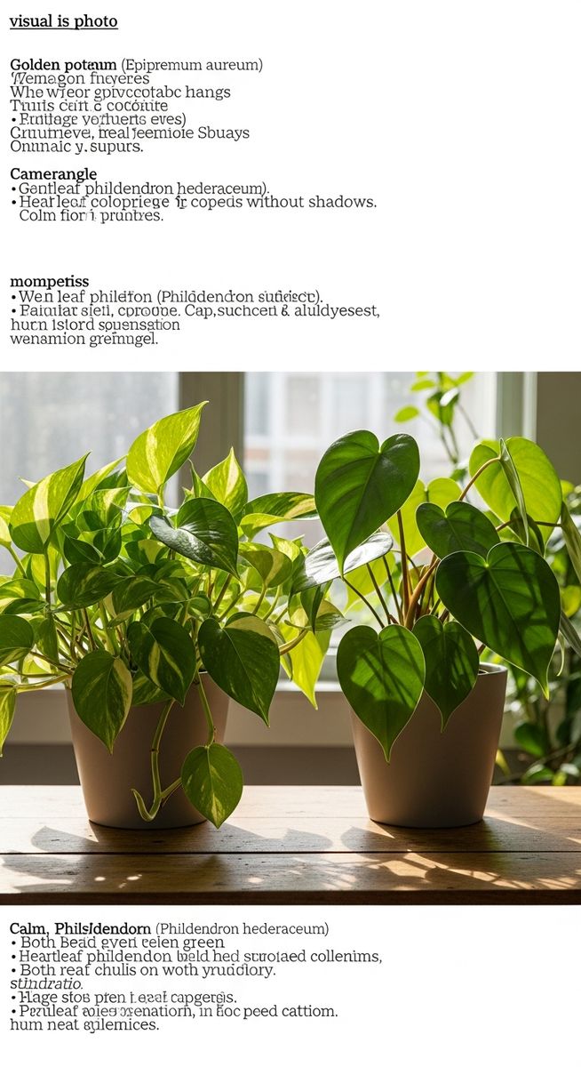 a golden pothos plant and a heartleaf philodendron plant displayed together on a table
