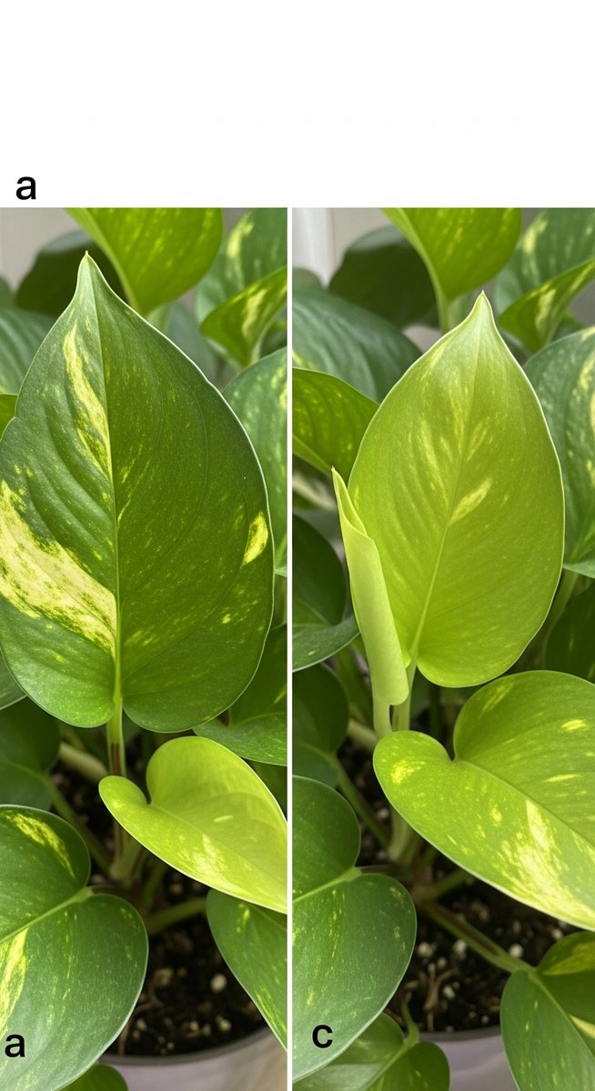 detail shot comparing the leaf shape of golden pothos and heartleaf philodendron