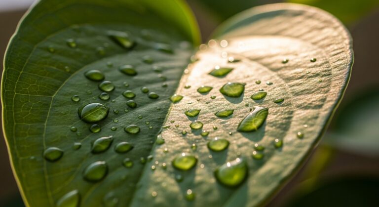 Close-up of a pothos leaf with water droplets sitting on its surface, for pothos water droplets