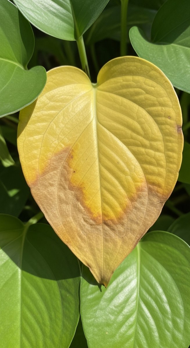 close-up of a yellowing pothos leaf against healthy green leaves