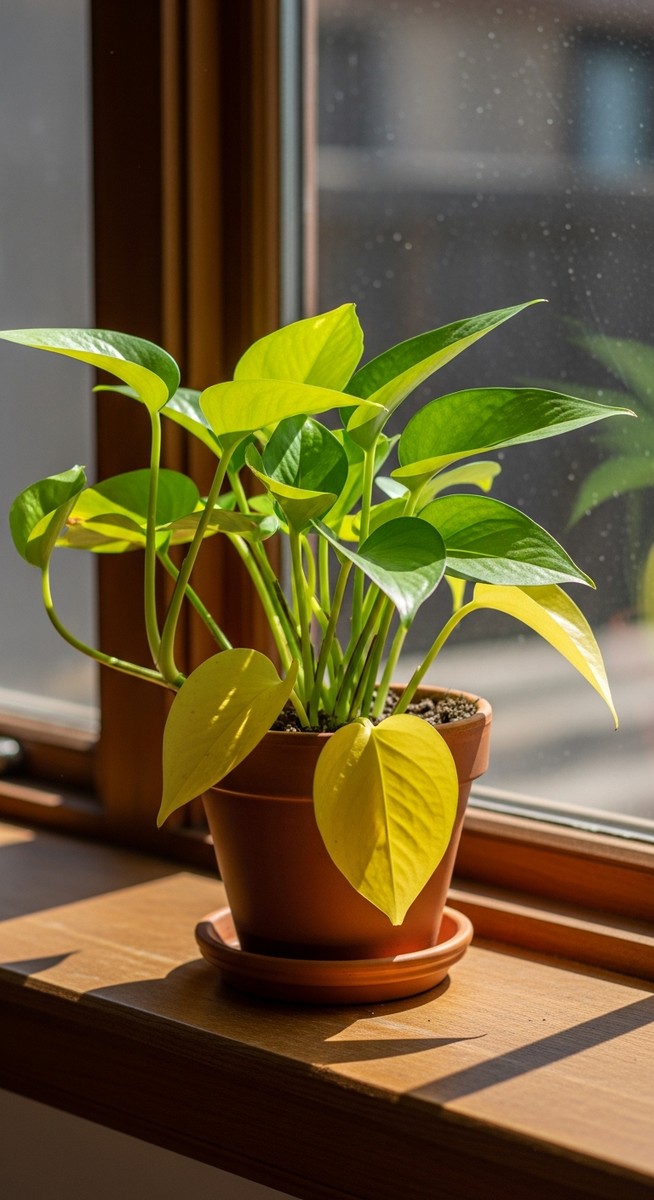 a pothos plant with yellow lower leaves on a windowsill, for pothos yellow leaves