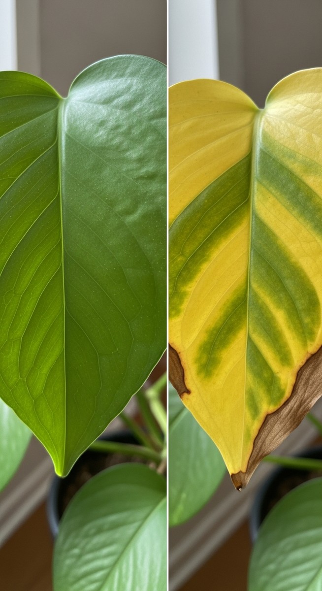 a healthy green pothos leaf next to a yellowing one for comparison