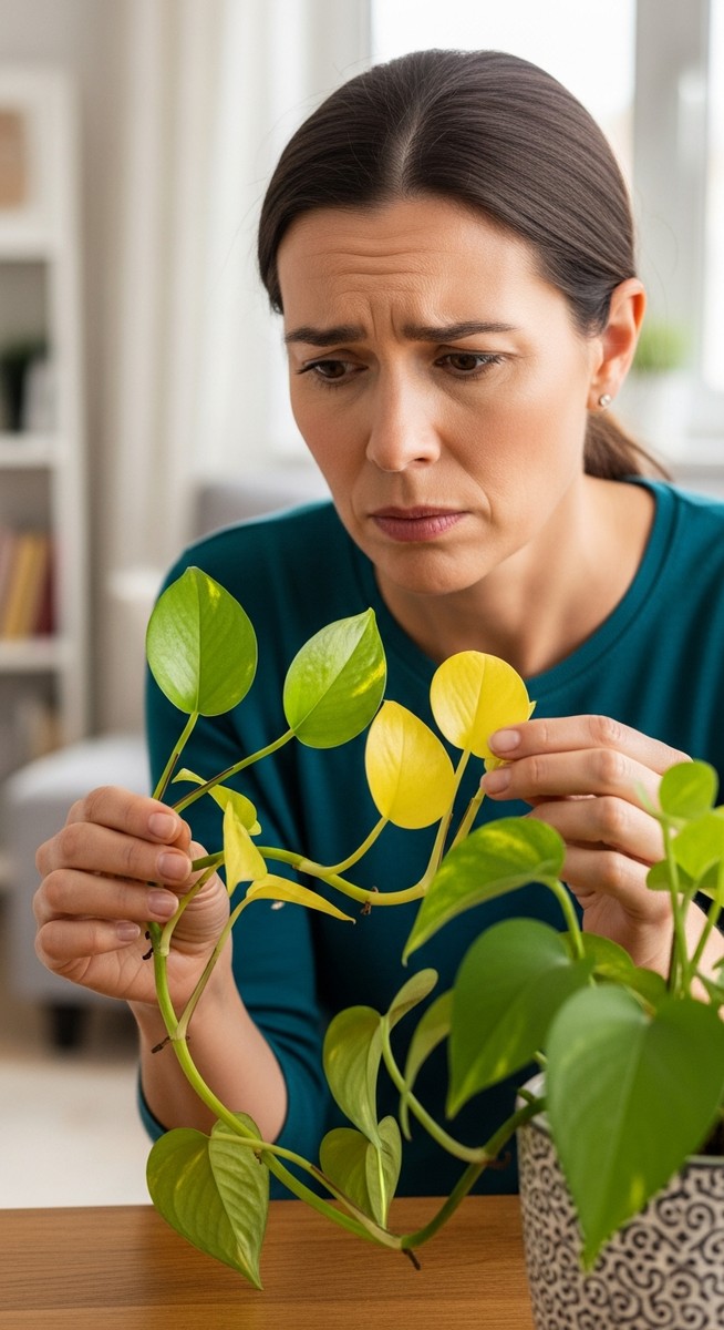 a person examining yellow leaves on a pothos plant, for pothos yellow leaves
