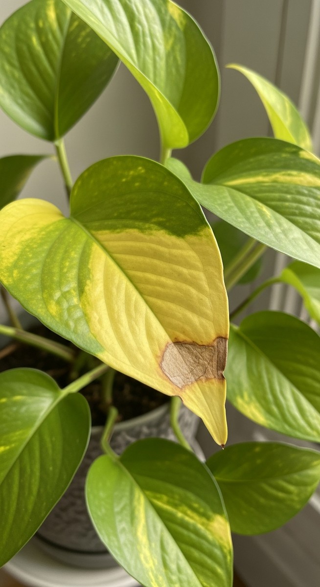 close-up of a pothos leaf with yellowing edges and tips