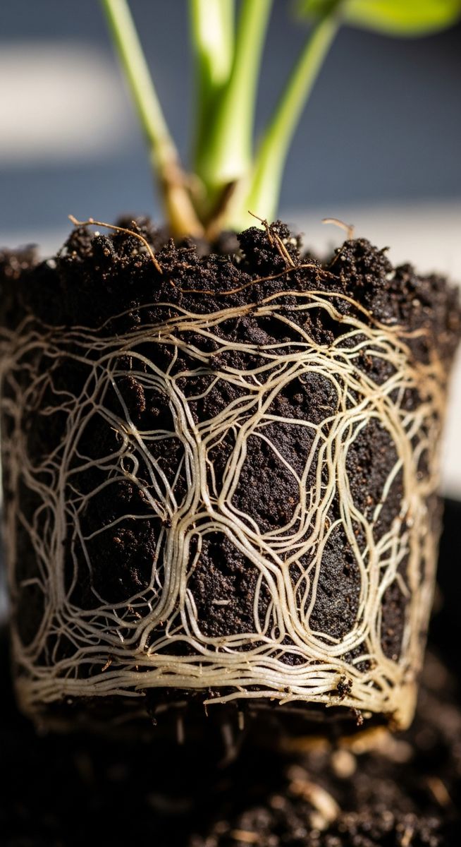 close-up of a potting potting mix plant's root ball exposed after removing from its pot