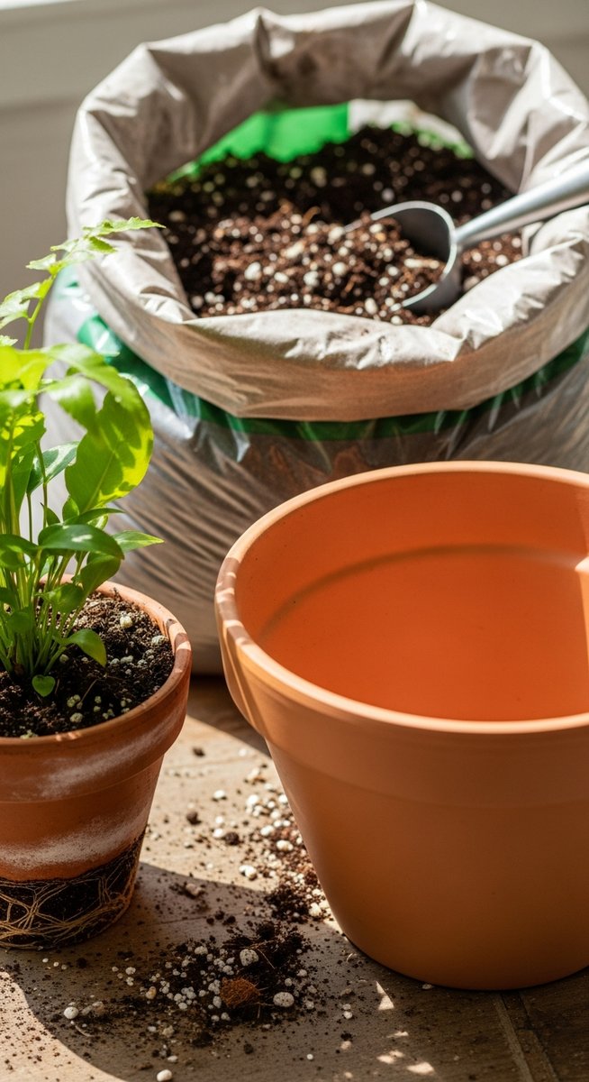 a potting potting mix plant next to a larger pot and fresh potting soil ready to repot, for potting soil vs potting mix