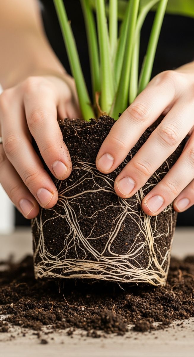 hands loosening compacted soil around a potting potting mix root ball