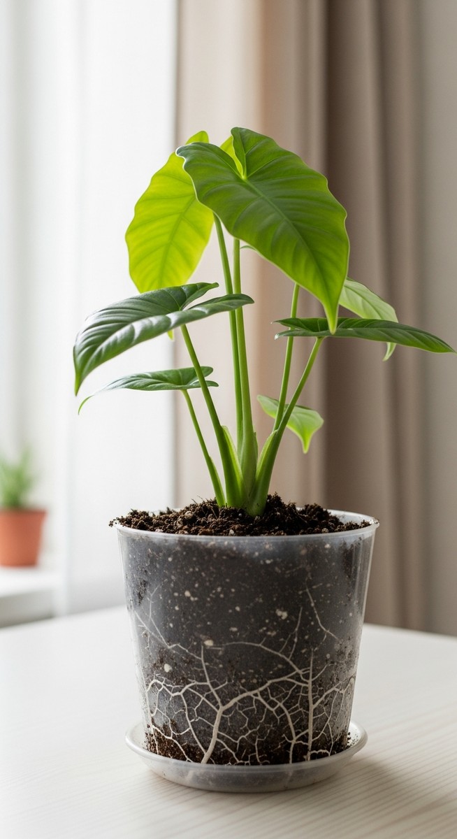 a freshly repotted potting potting mix plant in a new pot with fresh soil, for potting soil vs potting mix