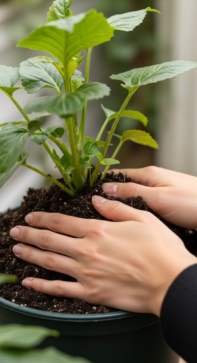 hands pressing fresh soil around a potting potting mix plant in its new pot