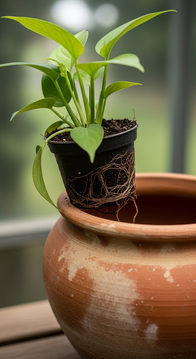 a potting potting mix plant in a small pot beside a larger empty pot