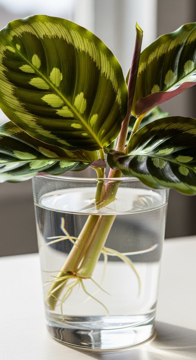 a calathea cutting in water with white roots beginning to develop