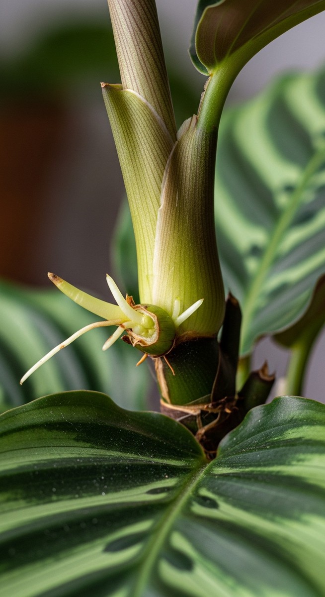 close-up of a calathea cutting node with root nubs emerging, for propagate calathea