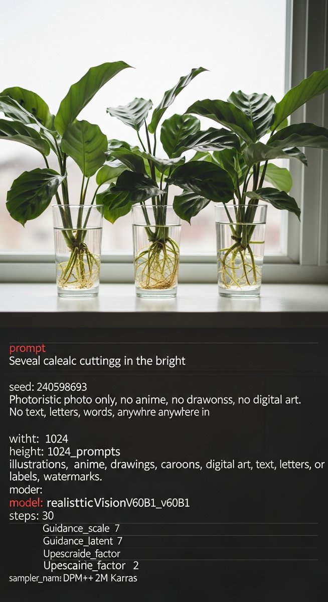 several calathea cuttings in glasses of water on a windowsill