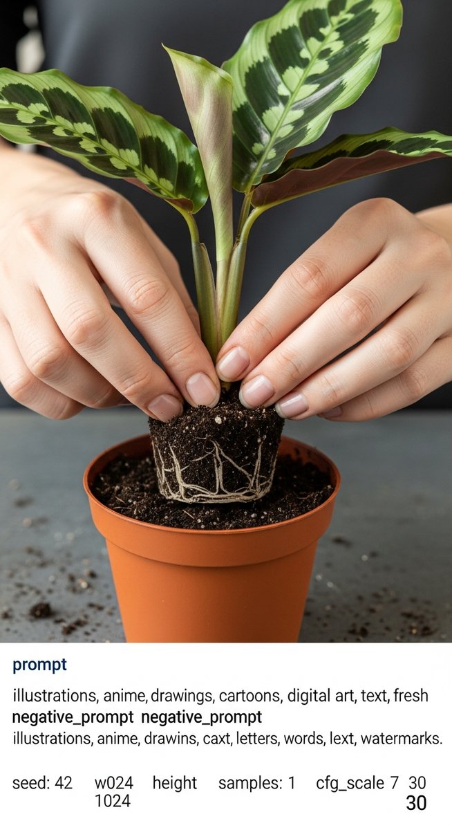 hands planting a rooted calathea cutting into fresh soil, for propagate calathea