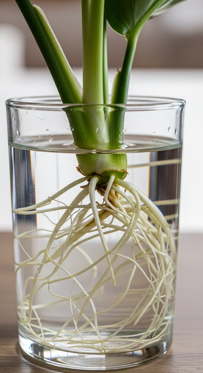 close-up of white roots growing from a calathea cutting in water, for propagate calathea