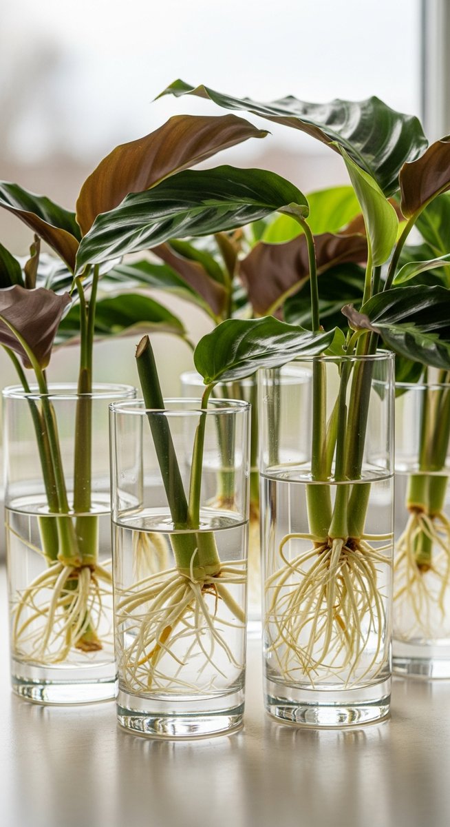 multiple calathea cuttings at different stages of rooting in water