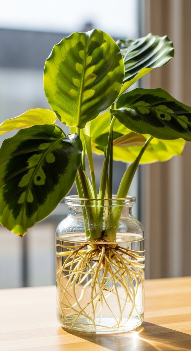 a calathea cutting with healthy roots in water ready to pot