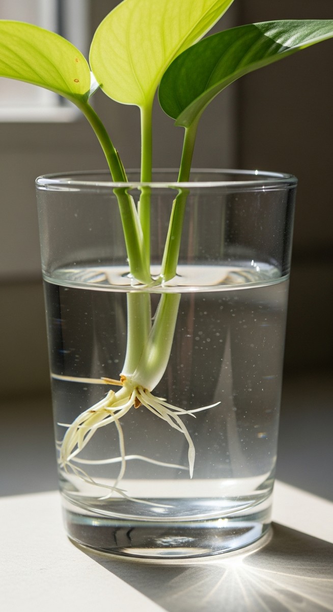 a pothos cutting in water with white roots beginning to develop