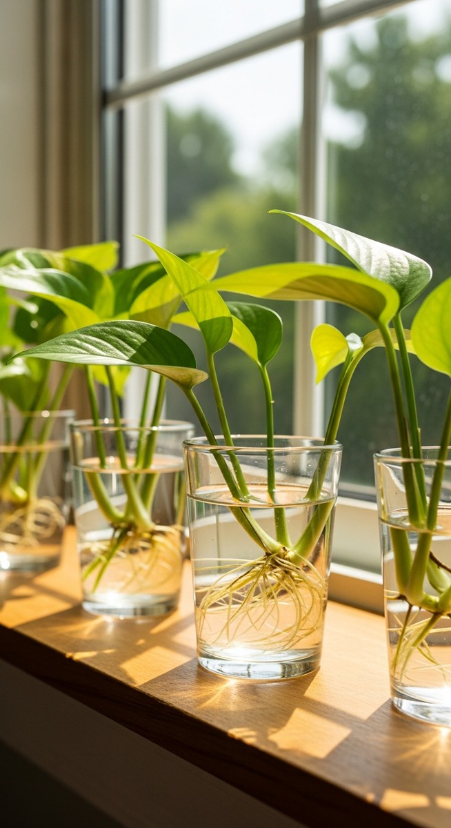 several pothos cuttings in glasses of water on a windowsill