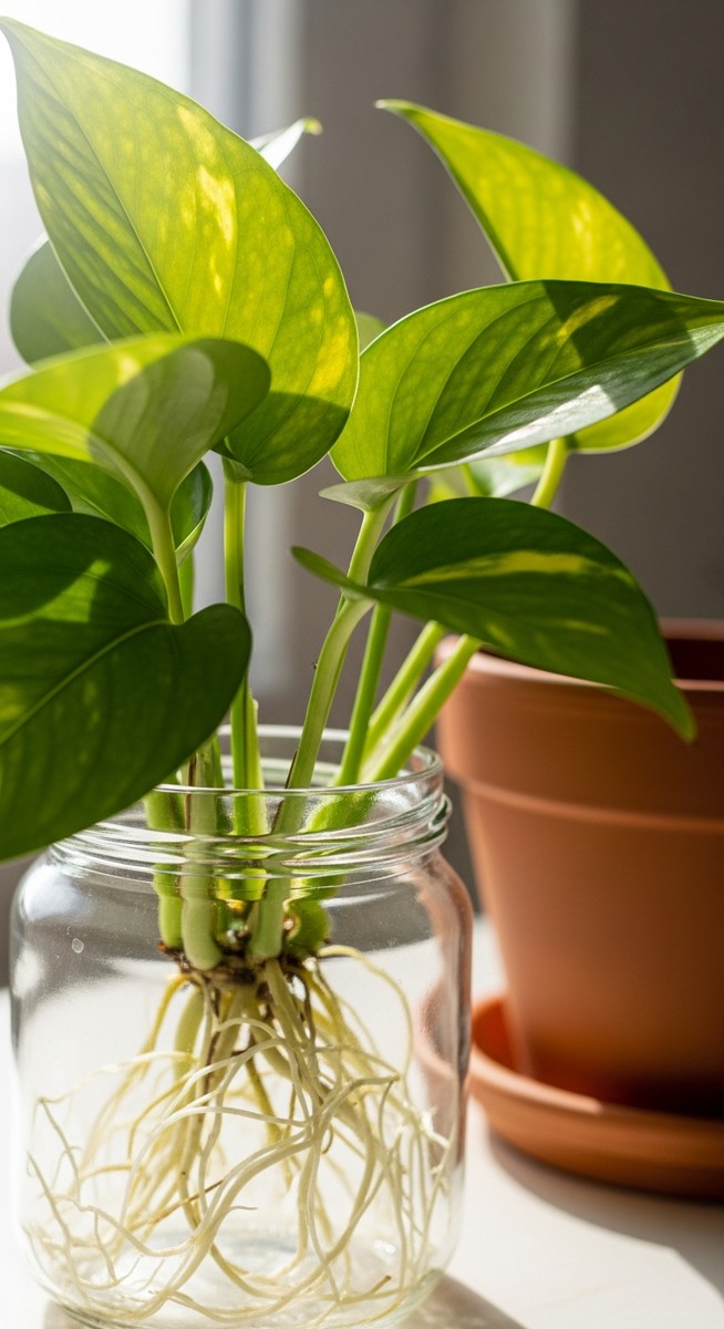 a pothos cutting with healthy roots in water ready to pot