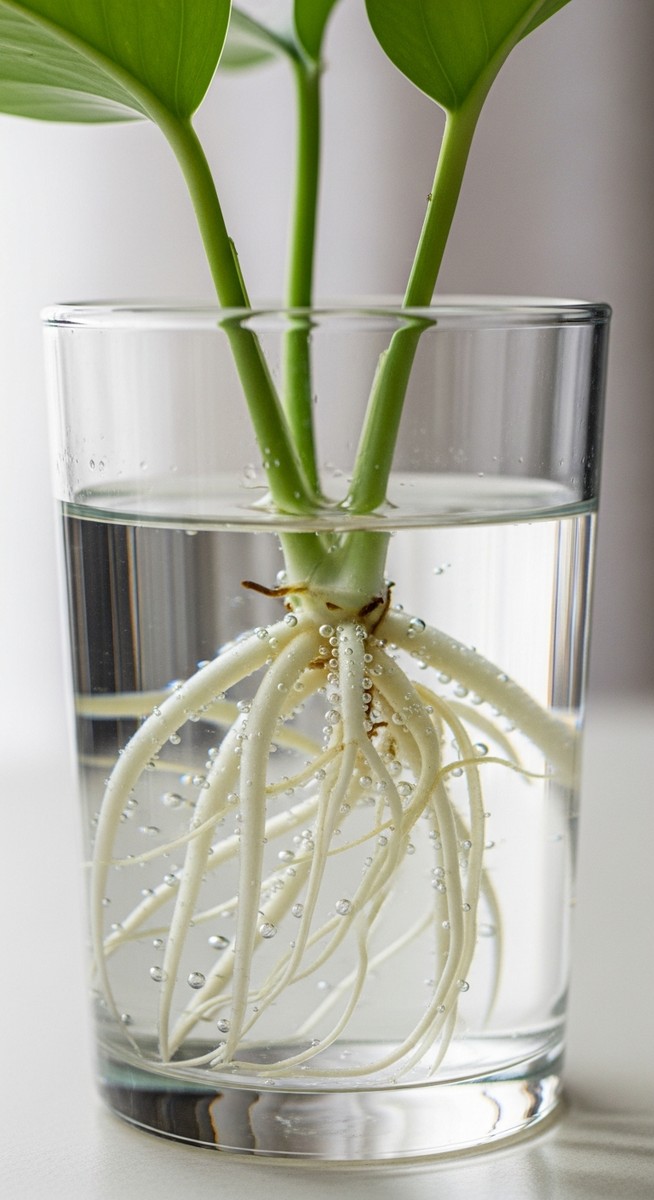 close-up of white roots growing from a pothos cutting in water, for propagate pothos