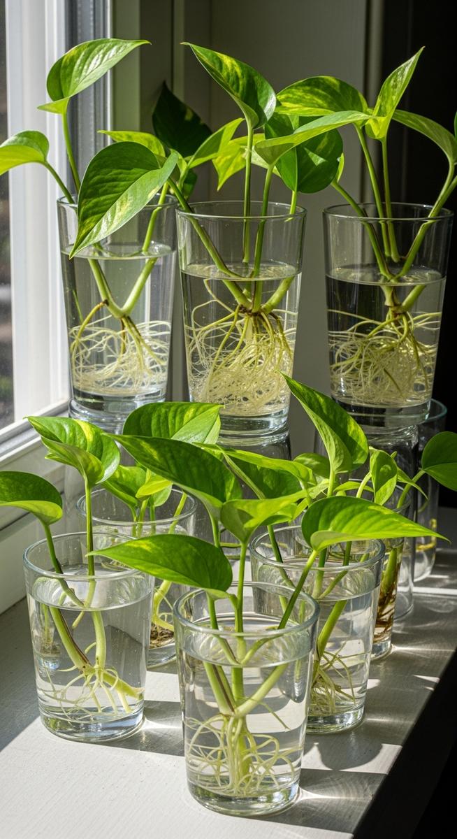 multiple pothos cuttings at different stages of rooting in water