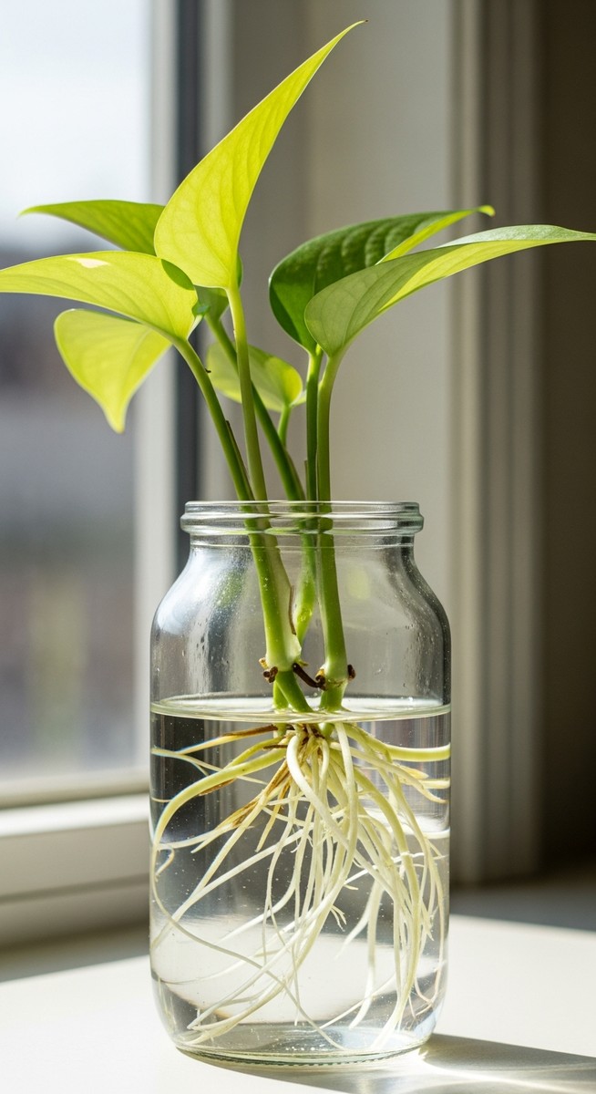 a pothos cutting with healthy roots in water ready to pot