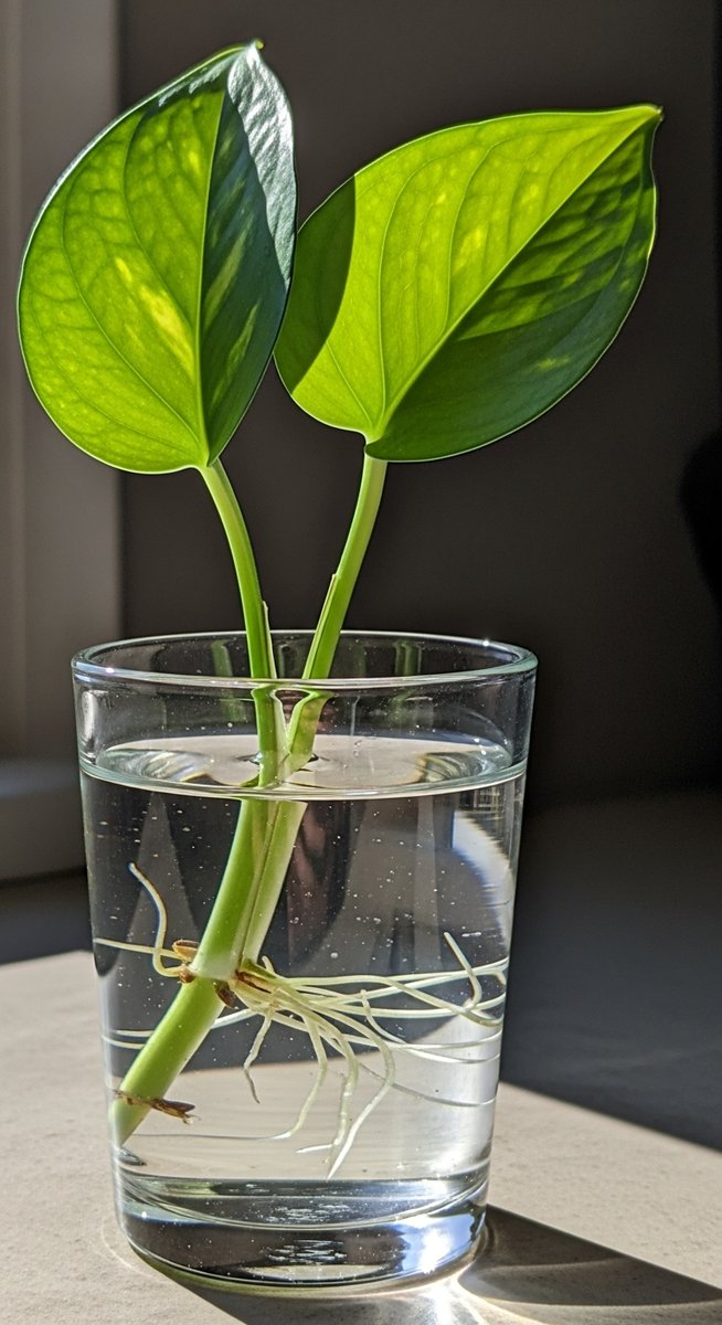 a pothos cutting in water with white roots beginning to develop