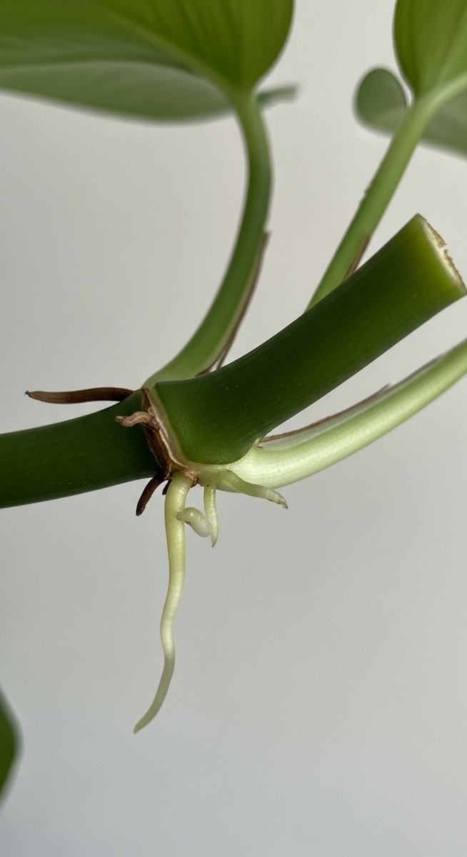 close-up of a pothos cutting node with root nubs emerging, for propagate pothos without leaves