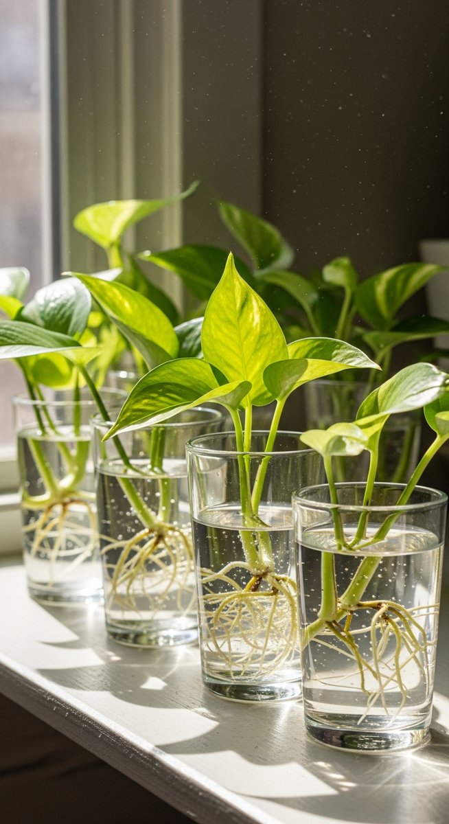 several pothos cuttings in glasses of water on a windowsill