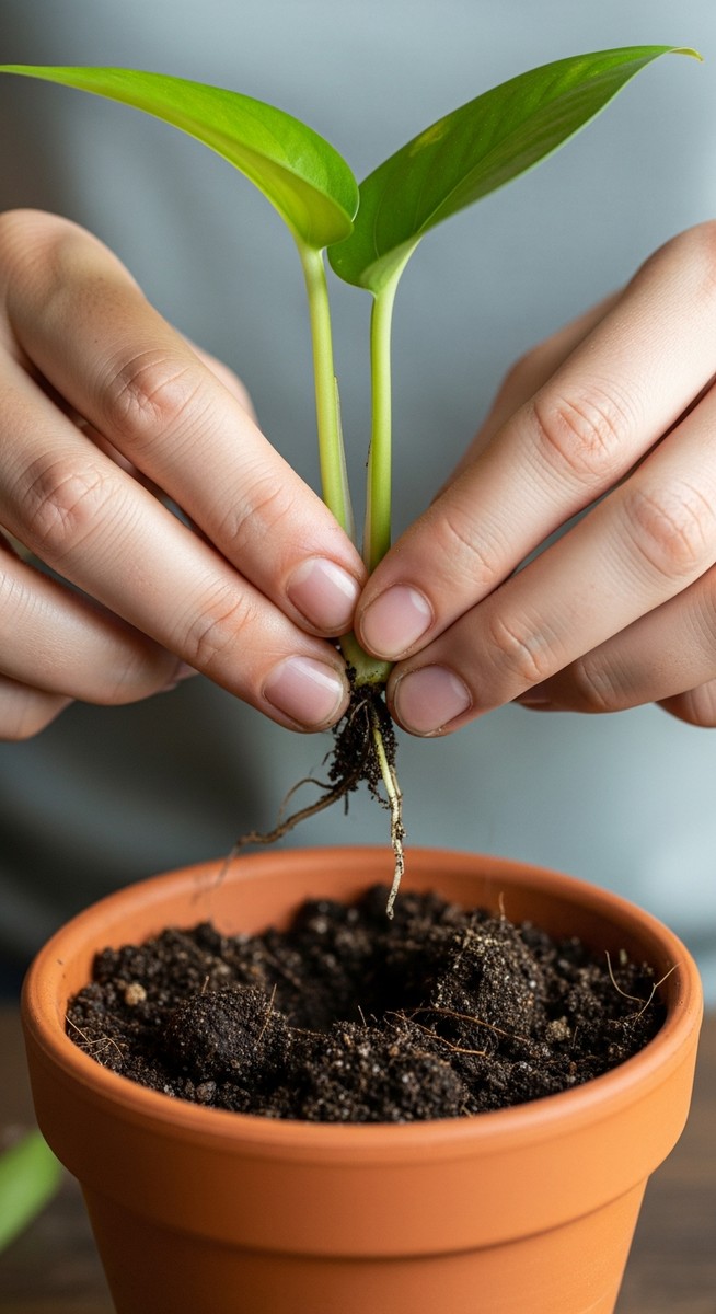hands planting a rooted pothos cutting into fresh soil, for propagate pothos without leaves