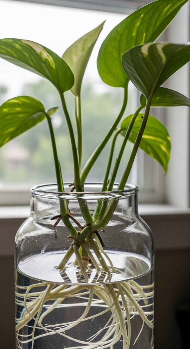 a pothos cutting with healthy roots in water ready to pot